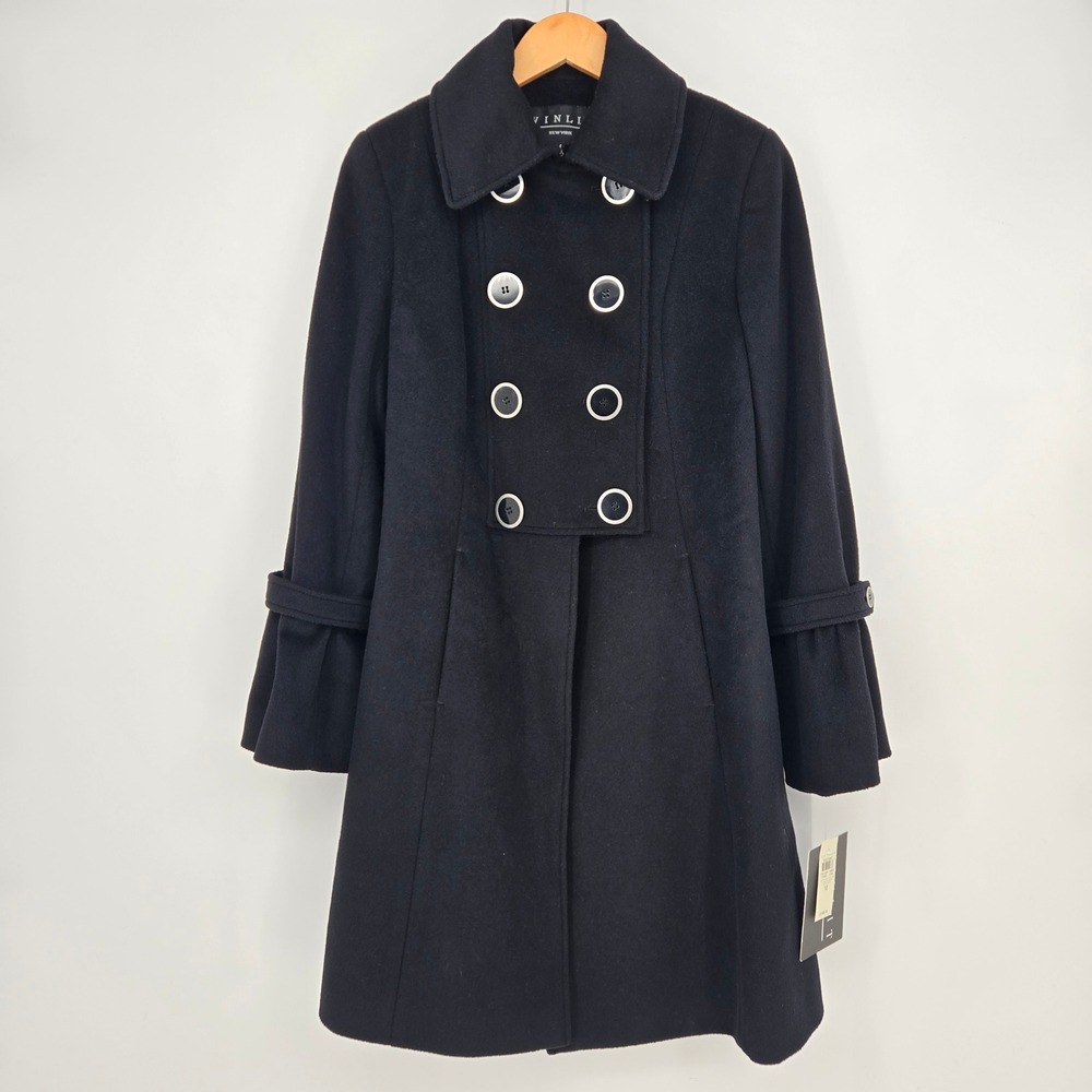 NWT Winlit Womens M Wool Blend Peacoat Jacket Black Double Breasted Flattering